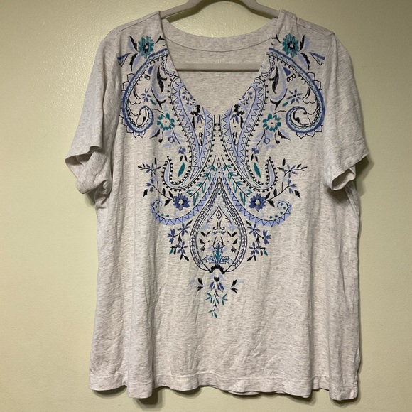 J Jill Pima Slub Knit V neck Tee XL Shirt Southwestern Boho Artsy lightweight - Picture 7 of 13